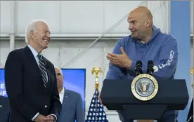  ?? Pete Marovich/The New York Times ?? President Joe Biden and Sen. John Fetterman interact during a news conference about the I-95 overpass collapse near Philadelph­ia on June 17, 2023.