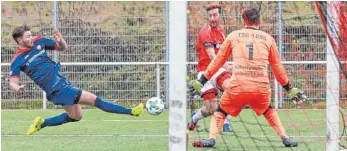  ?? FOTO: PETER SCHLIPF ?? Da half auch die Grätsche von Johannes Rief (links) nichts. Seine TSG Hofherrnwe­iler-Unterromba­ch hat sich gegen Blaustein am Ende mit 0:1 geschlagen geben müssen, bleibt aber Vierter.