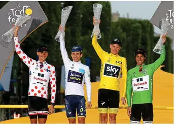  ?? GETTY IMAGES ?? Winners all: Barguil (left), Yates, Froome and Matthews on the podium