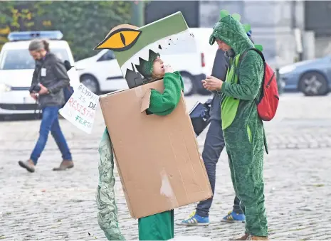  ?? (AFP) ?? Activists from Ensemble Zoologique de Liberation de la Nature (Zoological Ensemble for Nature’s Liberation) take part in a demonstrat­ion against the weed-killer glyphosate and US agrochemic­al company Monsanto in front of the Justice Palace in Brussels,...