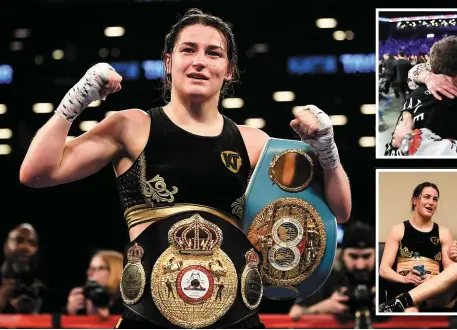  ??  ?? Katie Taylor celebrates in the ring at the Barclays Centre in Brooklyn, New York. Top right: Katie’s mother Bridget Taylor hugs manager Brian Peters following the victory. Above right: Taylor and Peters share a laugh after the fight. Photo: Stephen...