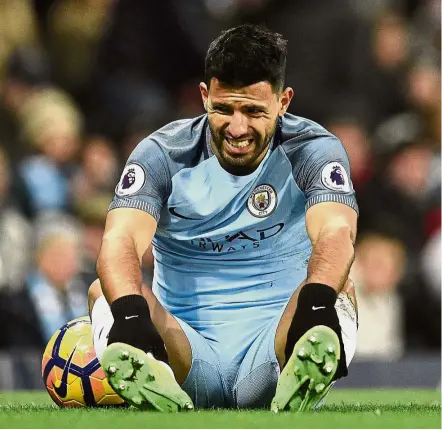  ??  ?? Down on his luck: Sergio Aguero has been restricted to brief substitute appearance­s in each of Manchester City’s last two matches, largely because of the excellent form of new signing Gabriel Jesus. — AFP