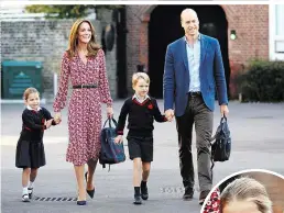  ??  ?? Kate und William mit ihren Kiddies Charlotte und George; Lehrerin Helen Haslem (re.) begrüßte die Prinzessin