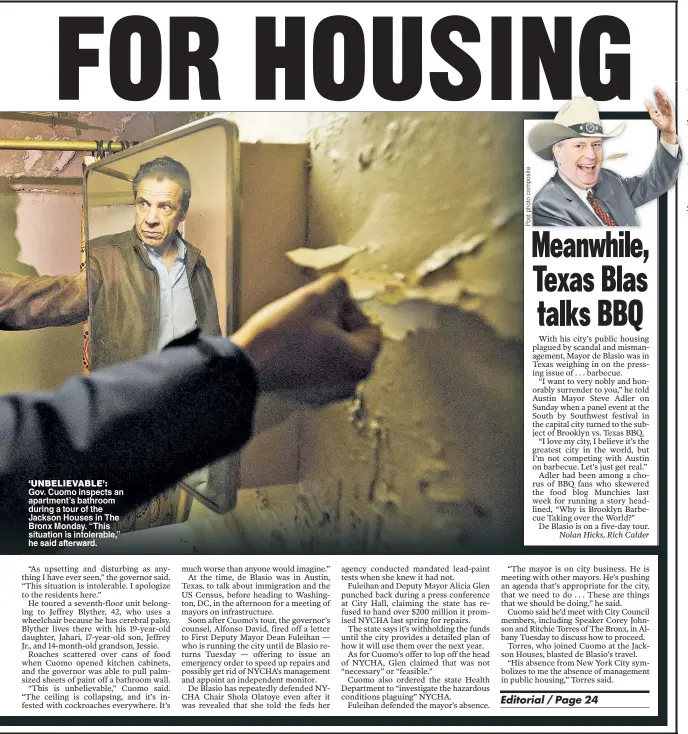  ??  ?? ‘UNBELIEVAB­LE’: Gov Cuomo inspects an apartment’s bathroom during a tour of the Jackson Houses in The Bronx Monday “This situation is intolerabl­e,” he said afterward.