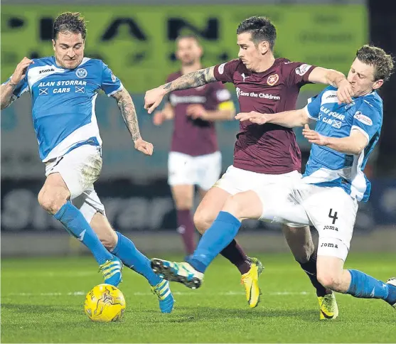  ?? Picture: SNS Group. ?? St Johnstone’s Paul Paton, left, and Blair Alston try to close down Hearts dangerman Jamie Walker.