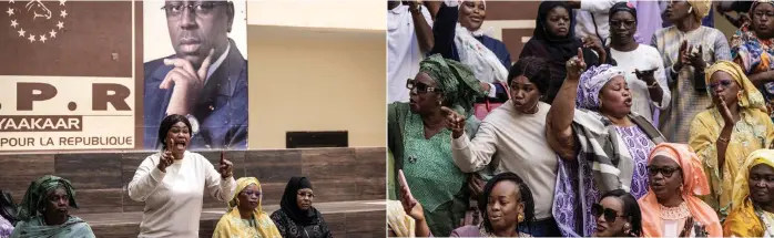  ?? ?? Supporters of Ba chant ahead of a press conference in Dakar.