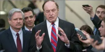  ?? J. SCOTT APPLEWHITE — THE ASSOCIATED PRESS ?? From left, Sen. John Hoeven, R-N.D., Rep. Tom Graves, R-Ga., and Sen. Richard Shelby, R-Ala., the top Republican on the bipartisan group bargainers working to craft a border security compromise in hope of avoiding another government shutdown, speak with reporters after a briefing with officials about the US-Mexico border, on Capitol Hill in Washington, Wednesday. Shelby is chairman of the Senate Appropriat­ions Committee.