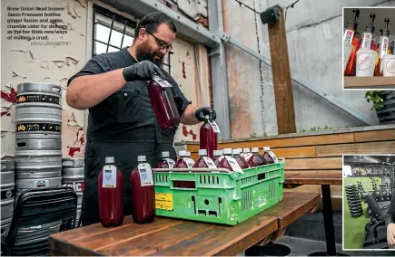  ?? DAVID UNWIN/STUFF ?? Brew Union head brewer Jason Franssen bottles ginger fusion and apple crumble cider for delivery as the bar finds new ways of making a crust. From left: Event-tech owner Chris Morton says coronaviru­s restrictio­ns can open up new ways of doing business; Blacksheep­design managing director and owner Mark Inman says the business didn’t just sit back and do nothing when the coronaviru­s crisis hit; Brew Union and Libre Mexican restaurant owner Murray Cleghorn says the businesses can’t reopen physically, but is doing takeaway orders.