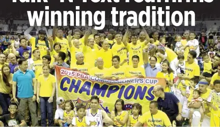  ??  ?? MEMBERS OF THE Talk ‘N Text Tropang Texters celebrate after winning their seventh PBA title with an epic Game Seven double overtime win over Rain or Shine.