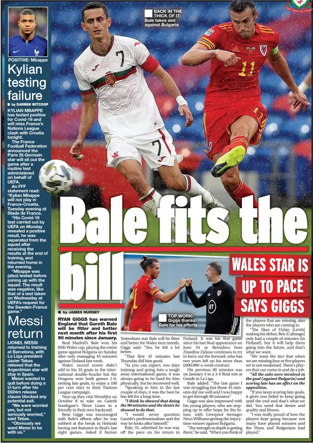  ??  ?? BACK IN THE THICK OF IT: Bale takes aim against Bulgaria
TOP WORK: Giggs thanks Bale for his efforts