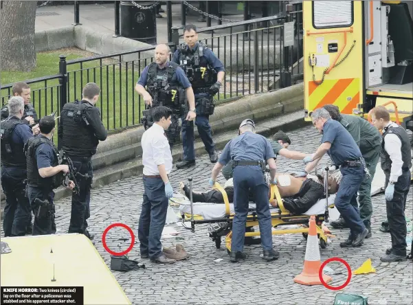  ??  ?? KNIFE HORROR: Two knives (circled) lay on the floor after a policeman was stabbed and his apparent attacker shot.