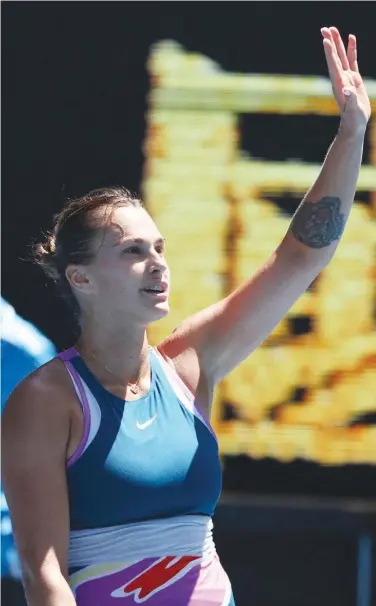  ?? Agence France-presse ?? Aryna Sabalenka celebrates after her victory over Donna Vekic (unseen) during their Australian Open quarter-final match in Melbourne on Wednesday.