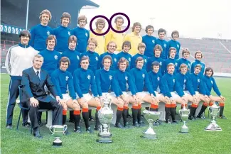  ??  ?? Peter Mccloy and Stewart Kennedy (circled) were both vying for the No. 1 jersey when Rangers were winning a lot of silverware in the mid-1970s