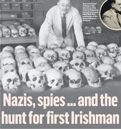  ??  ?? Grim work: Ernest A Hooton in his laboratory at the Peabody Museum in Harvard and (inset), Adolf Mahr, Nazi and director of the National Museum of Ireland