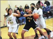  ?? Photo by Ernest A. Brown ?? BVP junior Kaylie Mendez (4) gets off a shot during second-half action against St. Patrick’s at UCAP Gymnasium in Providence Saturday.