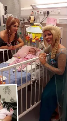  ??  ?? ABOVE: Belle being visited by two of the cast members of Disney’s Frozen during her time at Crumlin Children’s Hospital; LEF; Bella Rose pictured with her mother Bekki Furlong earlier this year