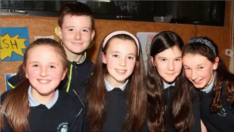  ??  ?? Jodie Keville, Daniel Ormonde, Caoimhe Troy, Eve Angood and Hollie O’Rourke at the open evening in St Margaret’s NS, Curracloe on Thursday evening.