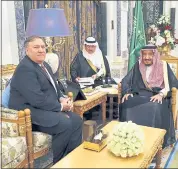  ??  ?? Mike Pompeo meets Saudi Arabia’s King Salman on Tuesday. The king has denied knowing about the disappeara­nce and alleged killing of journalist Jamal Khashoggi.