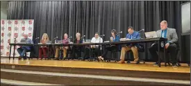  ?? DAVID JACOBS/SDG Newspapers ?? The Shelby Board of Education met on Feb. 19 in the old Shelby Middle School building that now houses administra­tion offices. Shown left to right are school board members Brad Ream, Heather Braun, and Randy Broderick, board vice president Kim Nadolsky, board president Scott Rose, school district Treasurer Beth Lykins and Superinten­dent Michael Browning.