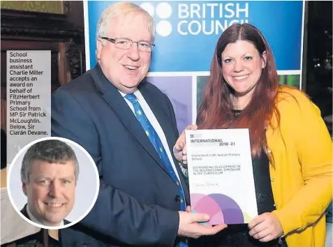  ??  ?? School business assistant Charlie Miller accepts an award on behalf of Fitzherber­t Primary School from MP Sir Patrick Mcloughlin. Below, Sir Ciarán Devane.