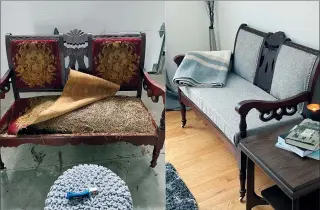  ?? SHAWN HOLLENBACH VIA AP ?? This combinatio­n of photos released by Shawn Hollenbach shows the transforma­tion of an antique settee.