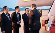  ?? [AP PHOTO] ?? Secretary of State Mike Pompeo bids farewell to senior North Korean official Kim Yong Chul, director of the United Front Department, which is responsibl­e for North-South Korea affairs, right, and Foreign Minister Ri Su Yong, left, on his departure from...