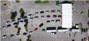  ??  ?? Below: An aerial view from a drone shows people waiting in line at the drive-through Covid-19 testing centre at the Ellis Davis Field House, Dallas.