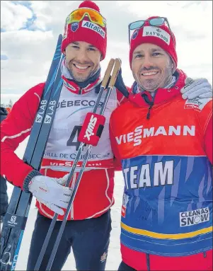  ?? SUBMITTED PHOTO ?? P.E.I. native John Flood, right, poses with Alex Harvey after Harvey won gold in a skate sprint race in Quebec City last year during the World Cup Finals. Flood, a physiother­apist working in Montreal, will be in Harvey’s corner this month at the 2018...