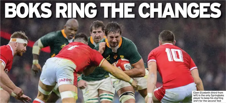  ?? ?? Eben Etzebeth (third from left) is the only Springboks player to keep his starting shirt for the second Test