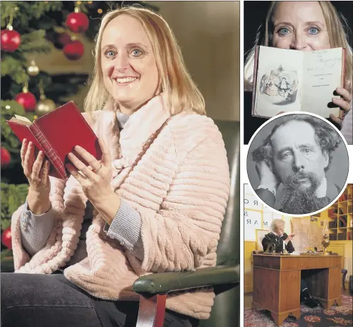  ?? PICTURES: CHARLOTTE GRAHAM, GETTY IMAGES ?? ‘PROTEST CRY’: Lucinda Hawksley reads a rare edition of A Christmas Carol, written by her great-great-great grandfathe­r Charles Dickens.