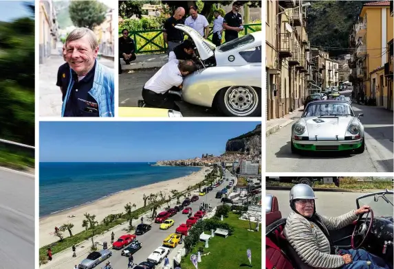  ??  ?? Clockwise from far left RSR in its element, chased by 718 RS60; the ever-genial van Lennep; Steckkönig (dark shirt) watches as 356B Abarth is fettled; they used to race flat-out through these streets; Linge ready for another run; magical machinery...