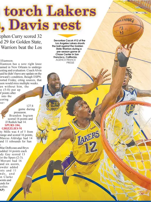  ??  ?? Devontae Cacok #12 of the
Los Angeles Lakers shoots the ball against the Golden State Warriors during a pre-season game at Chase Center in San Francisco, California. AGENCE FRANCE
PRESSE