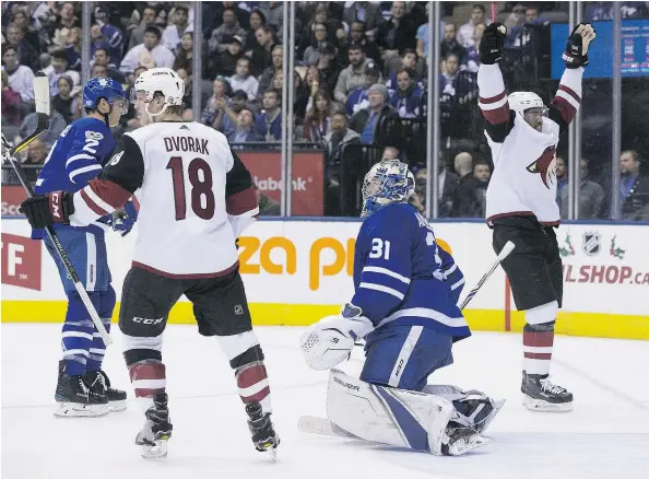  ?? — PHOTOS: POSTMEDIA NEWS ?? The Coyotes got the go-ahead goal in the second period when Oliver Ekman-Larsson (not pictured) fired a shot on net that went through numerous bodies before beating Maple Leafs goalie Frederik Andersen in a 4-1 Arizona win in Toronto Monday.