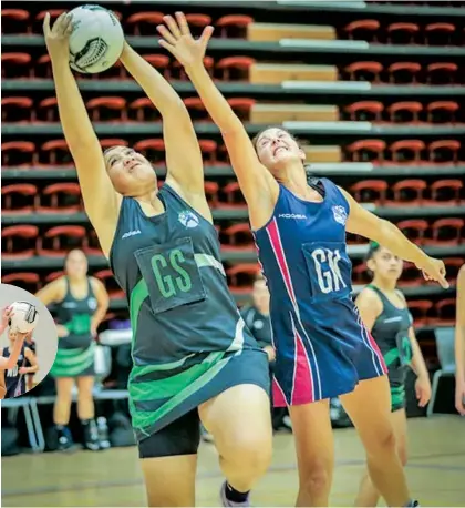  ?? Photos / Paul Taylor ?? Toki Mana goal shoot Mele Leutele (left) outstretch­es Kauri goal keep Dana Cook on the way to earning her team’s MVP award last Friday night. INSET: Kauri MVP Michelle Bazalo.