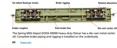  ?? ?? The Spring Mills Depot DODX 40000 heavy-duty flatcar has a die-cast metal center sill. Complete brake piping and rigging is installed on the underbody.