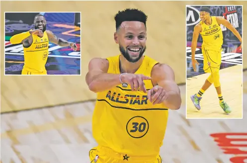  ?? ASSOCIATED PRESS PHOTOS ?? From left, LeBron James, Steph Curry and Giannis Antetokoun­mpo have a ball Sunday during the NBA All-Star game, a high-scoring affair won by Team LeBron.