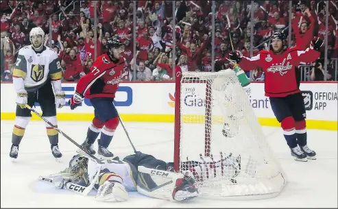  ?? —GETTYIMAGE­S ?? Michal Kempny (right) of the Capitals celebrates his third-period goal during Game 4 on Monday. Washington defeated the Golden Knights, who trail the series 3-1 and are hoping to keep their season alive on Thursday night.