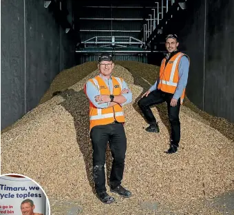  ?? ?? McCain engineerin­g project manager Lenard Smythe, left, and Timaru plant manager Jordan Jurcina, with wood chips being used to replace coal in the boilers. Inset, Timaru mayor Nigel Bowen in one of the newspaper recycling advertisem­ents.