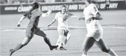  ?? COURTESY OF LARRY NOVEY/FSU ATHLETICS ?? center, scored a goal during the Seminoles’ 2-0 victory over Stanford on Friday.