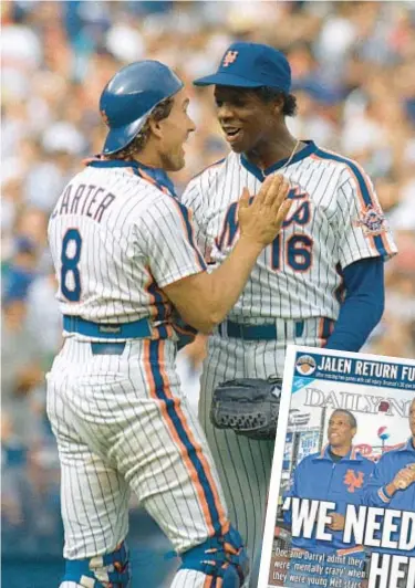  ?? AP ?? Even after winning 24 games and the NL Cy Young award in 1985, and all the good times with teammates like Gary Carter (above), Dwight Gooden was more known for what he did not do due to his drug problems and related off-the-field issues. But Dr. K will finally get his chance to say thank you to Mets fans when the team retires his No. 16 this spring, something the Amazin’ legend says he is thankful for.