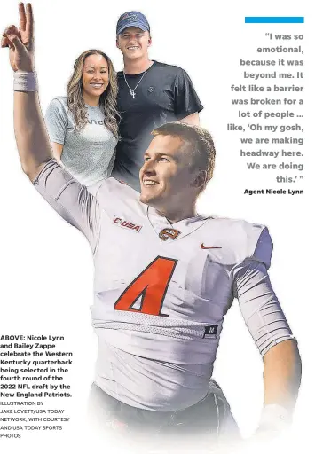  ?? ILLUSTRATI­ON BY JAKE LOVETT/ USA TODAY NETWORK, WITH COURTESY AND USA TODAY SPORTS PHOTOS ?? ABOVE: Nicole Lynn and Bailey Zappe celebrate the Western Kentucky quarterbac­k being selected in the fourth round of the 2022 NFL draft by the New England Patriots.