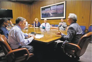  ?? Connor Radnovich / The Chronicle ?? San Francisco Mayor Ed Lee (right) speaks with The San Francisco Chronicle editorial board about what he would do if elected to a second term — in an election in which he faces no serious opposition.