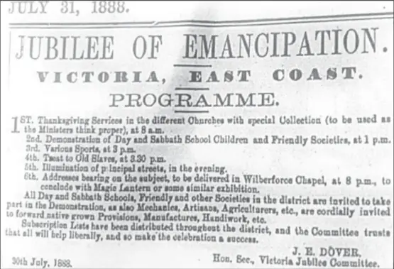  ?? ?? A newspaper clipping showing the programme for the 1888 Emancipati­on jubilee