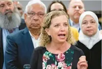  ?? ?? Congresswo­man Debbie Wasserman Schultz speaks during a news conference at Chabad of Southwest Broward in Cooper City on Monday.