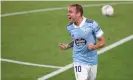  ??  ?? Iago Aspas celebrates after scoring one of his two goals for Celta Vigo against Valencia. Photograph: Miguel Riopa/AFP/Getty Images