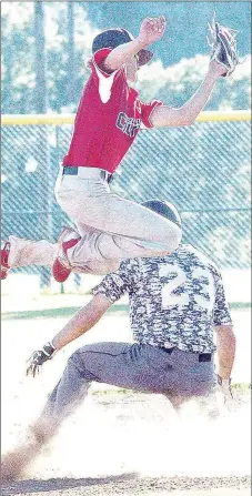  ?? RICK PECK MCDONALD COUNTY PRESS ?? McDonald County second baseman Boston Dowd goes up to bring down a high throw on a stolen base attempt during McDonald County’s 6-2 loss on June 7 at McDonald County High School.