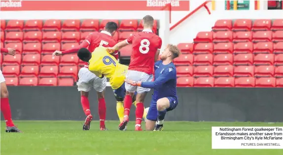  ?? PICTURES: DAN WESTWELL ?? Nottingham Forest goalkeeper Tim Erlandsson makes another save from Birmingham City’s Kyle Mcfarlane