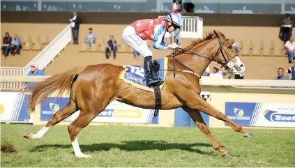  ?? Picture: Candiese Marnewick ?? SO EASY. Miss Frankel, ridden by Anton Marcus, cruises to a 4.50-length win in Race 3 over 1000m at Scottsvill­e yesterday.