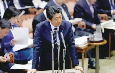  ?? — Reuters file photo ?? Prime Minister Shinzo Abe answers a question during an upper house parliament­ary session in Tokyo on March 28, 2018.