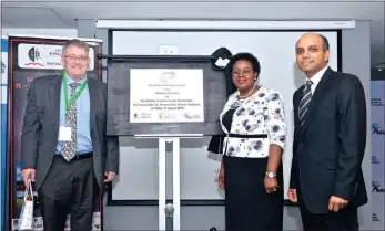  ??  ?? Official launch of the Hirax telescope project by the Honourable Minister of Science and Technology, Mmamoloko KubayiNgub­ane. She is flanked by UKZN’s Vice Chancellor, Dr Albert van Jaarsveld and Principal Investigat­or Dr Kavilan Moodley